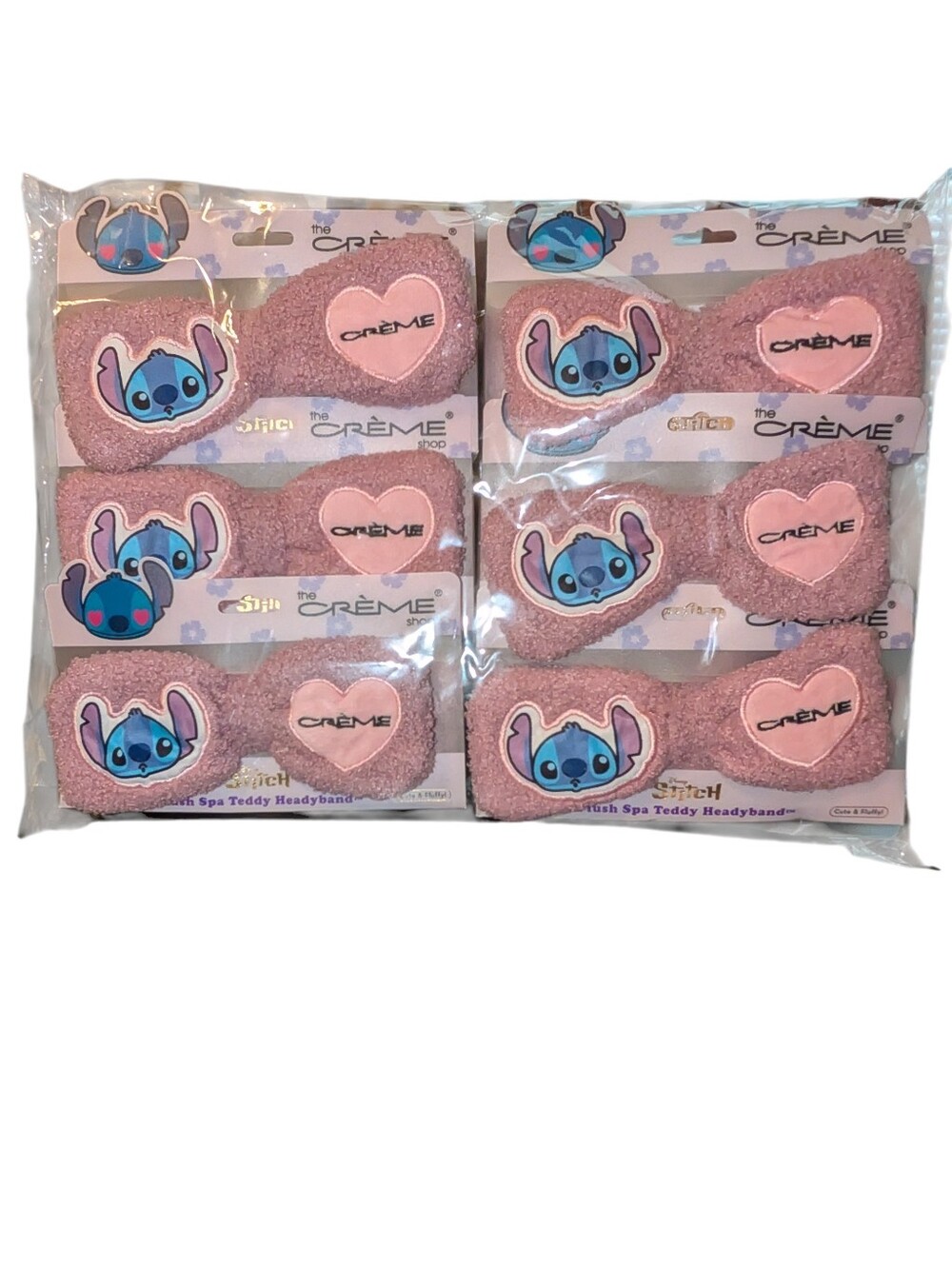 6 The Crème Shop Pink Plush Teddy Headbands with Disney Stitch Patch